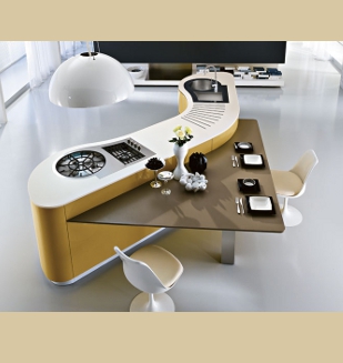 Cuisine Pedini Dune en ilot facade moutarde et table snack